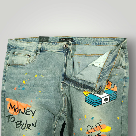 M Society Jeans 42x32 Mens Skinny Distressed Painted Art to Wear Light Mud Wash - Picture 10 of 13